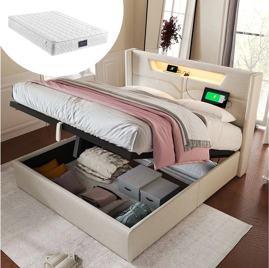 Łóżko z pojemnikiem 140 x 200 cm, łóżko podwójne - oświetlenie LED, port USB typu C i schowek - tkanina lniana - beżowy + materac