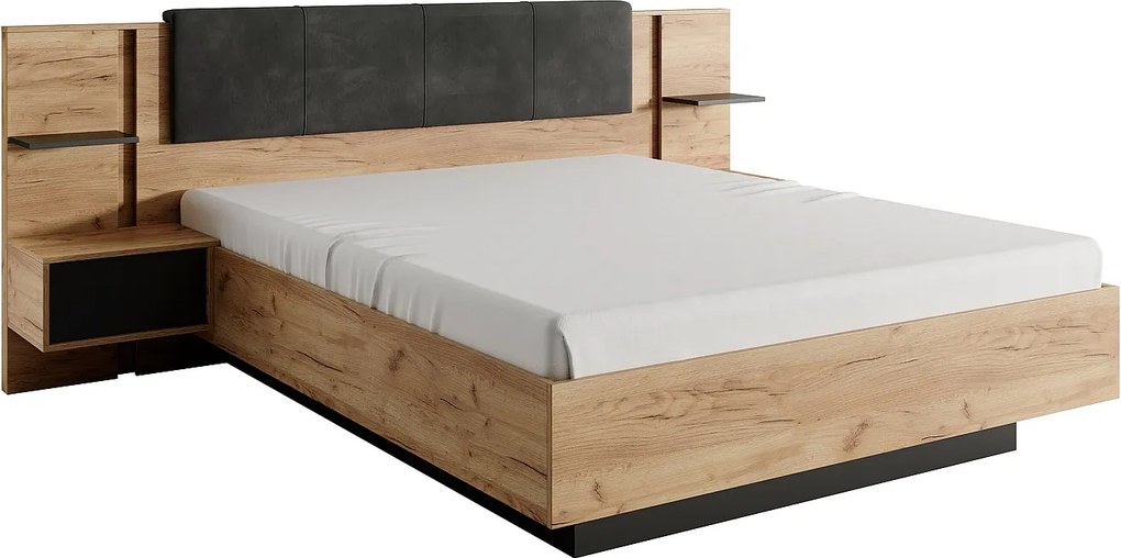 Łóżko z szafkami nocnymi 140 x 190 cm - Z oświetleniem LED - Naturalny i antracytowy + Stelaż - ELYNIA