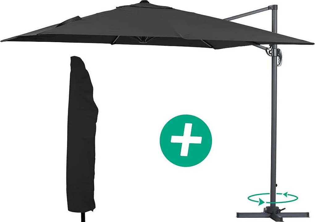Parasol ogrodowy "Sun 3" z boczną nogą - Aluminium - Kwadratowy - 3 x 3 m - Czarny + Pokrowiec zabezpieczający