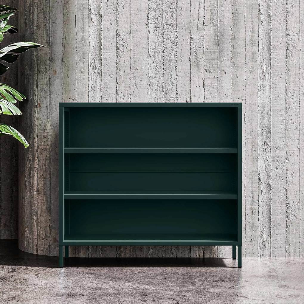 Regał niski metalowy otwarty na nóżkach butelkowa zieleń, 1000x900x350 mm: LUCA Modern