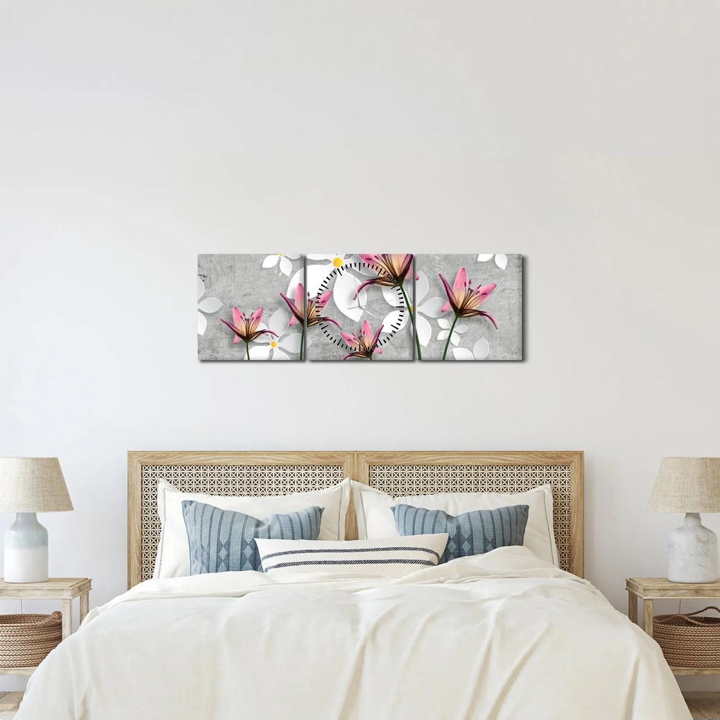 Obraz kwiatowej abstrakcji (z zegarem) (90x30 cm)