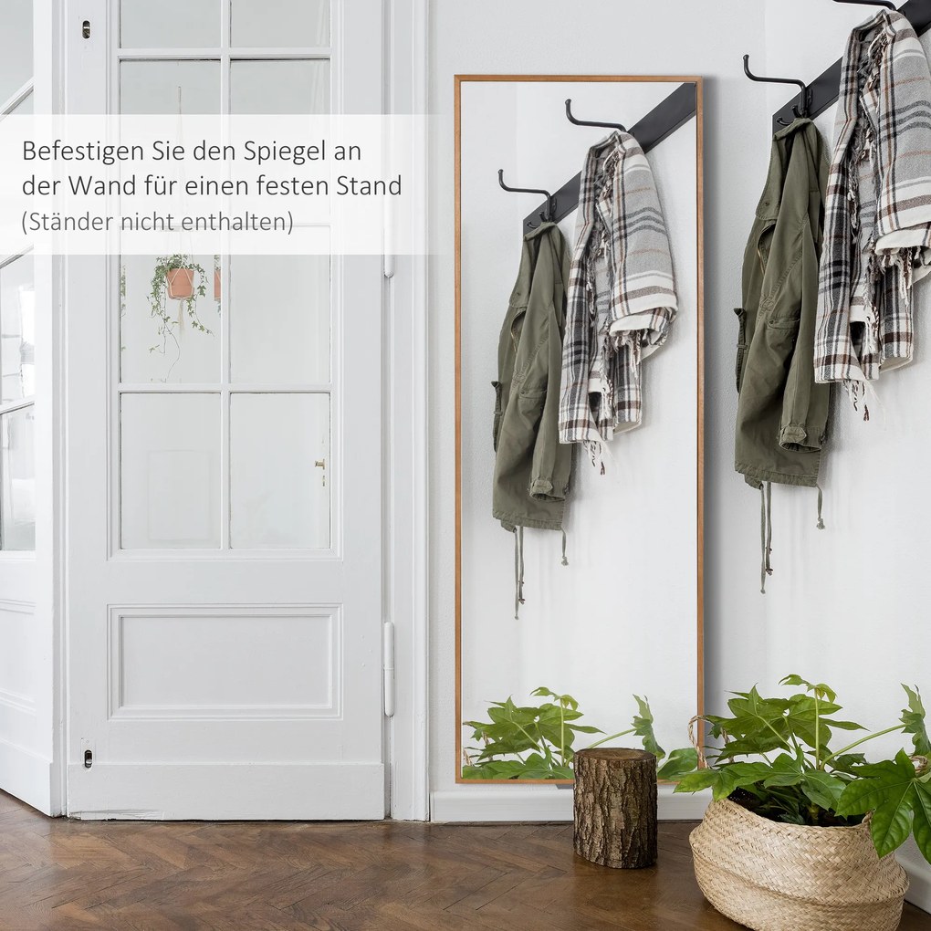 HOMCOM Lustrzany Wieszak na Ścianę 125x45cm z Drewnianą Ramą Naturalny Wystrój Korytarza | Aosom PL