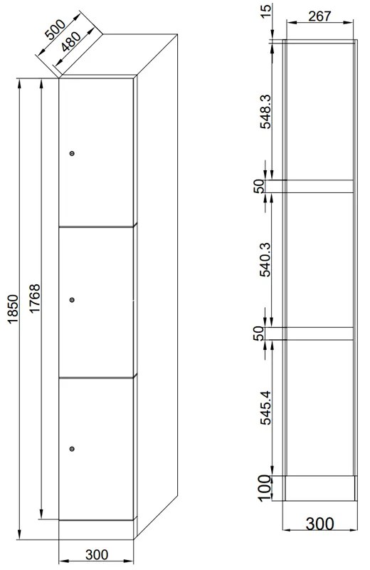 Szafka skrytkowa, 3 schowki, 1850 x 300 x 500 mm, zamek RFID, drzwi laminowane, biała