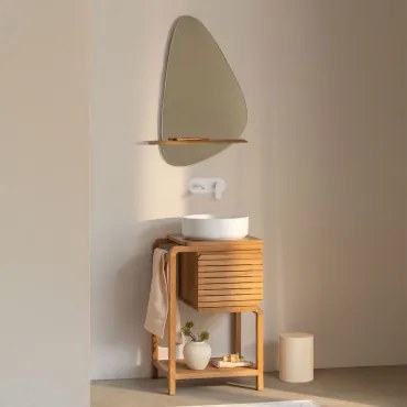 Zestaw Mebli Łazienkowych Z Drewna Tekowego Bradley Okrągły Ceramiczny Biały Ø40 Cm Lenka & Biały Wbudowany Z Zaworem Spustowym Bez Przelewu Alameda &
