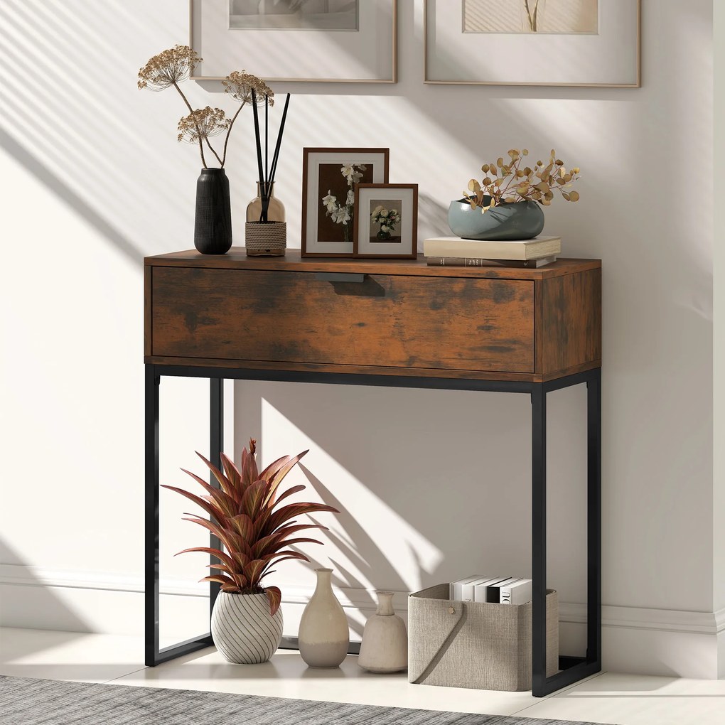 HOMCOM Stolik konsolowy z szufladą, design industrialny, przedpokój salon, 80x30x76 cm, czarny