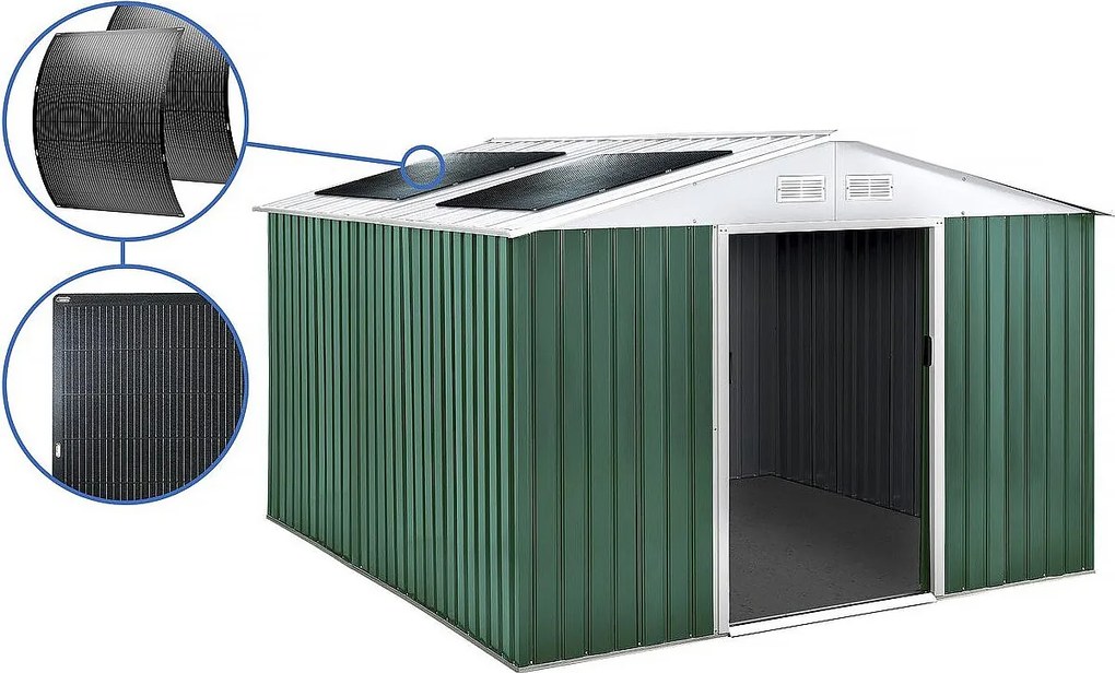 Domek ogrodowy metalowy "Rosas" 10,85 m² z panelami słonecznymi - Zielony