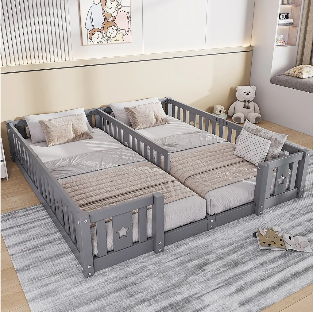 Łóżko podwójne dla dzieci 180x200 cm, lite drewno sosnowe, łóżeczko w kształcie gwiazdy z szczebelkami, łóżko kabinowe, zabezpieczenie przed upadkiem- szare