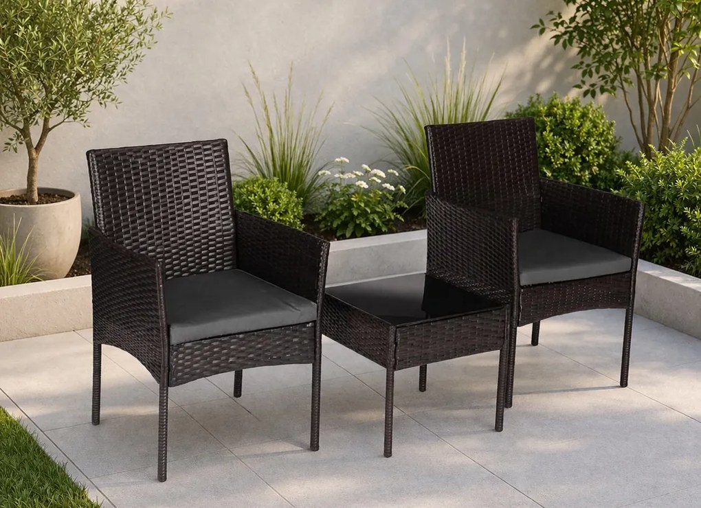 Mały zestaw mebli balkonowych dla 2 osób Riviera 824, technorattan ciemnobrązowy