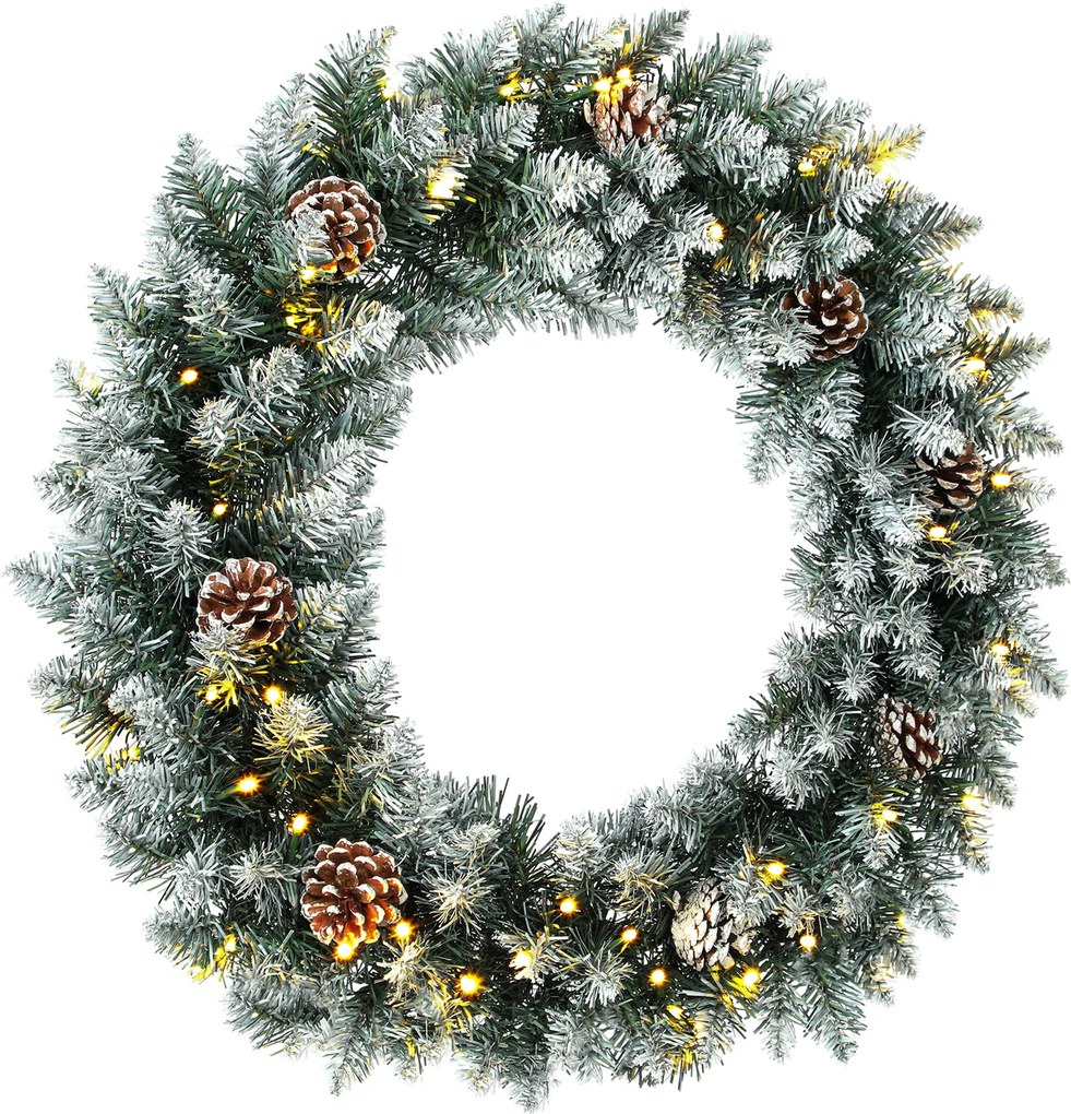 HOMCOM Wieniec świąteczny 60 cm oświetlony, wieniec drzwiowy z 50 LED, szyszki, sztuczny śnieg na Boże Narodzenie i adwent, drzwi wejściowe | Aosom PL