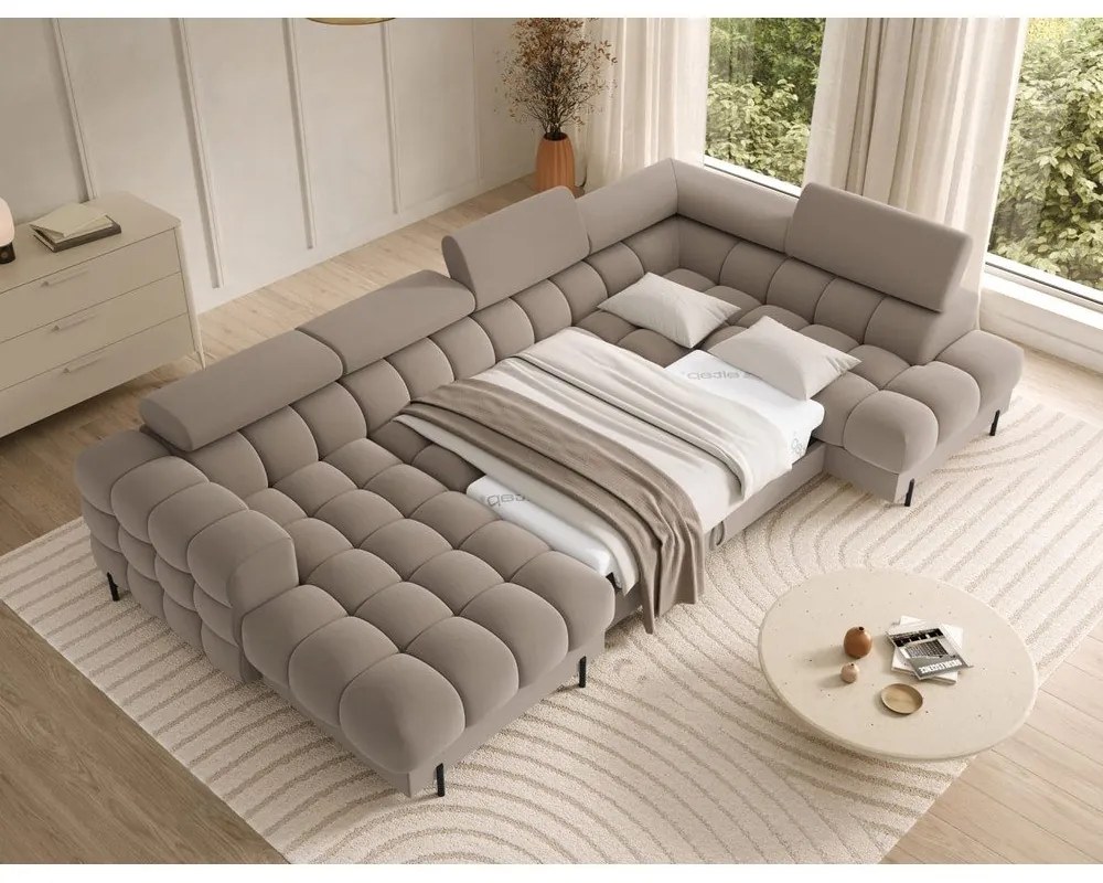 Jasnobrązowy aksamitny rozkładany narożnik (prawostronny/w kształcie litery U) Feraria – ELTAP