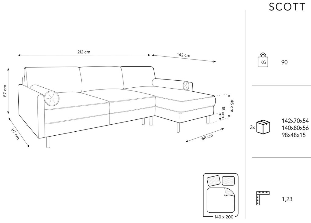 Narożnik rozkładany uniwersalny Jasny Szary, Popiel, 212x142x87 cm SCOTT