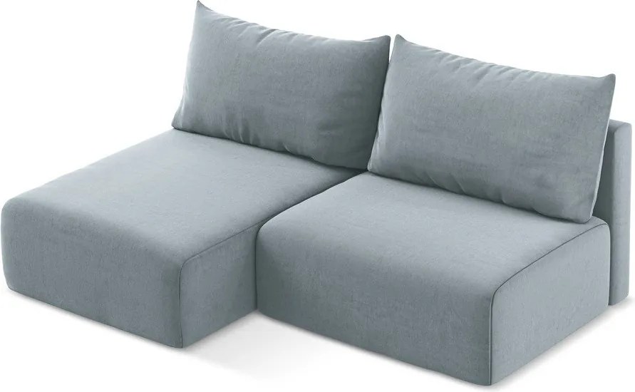 Niebieski aksamitny rozkładany narożnik ze schowkiem (lewostronny/z szezlongiem) Kalena – Makamii