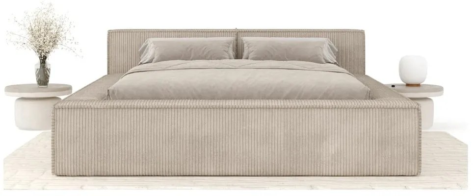 Beżowe tapicerowane łóżko dwuosobowe ze schowkiem ze stelażem 160x200 cm Voliera – Maison de Rêve