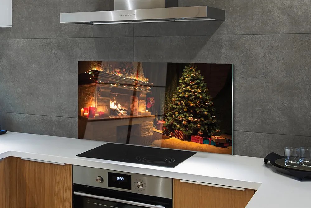 Szklany Panel Świąteczny Salon z Kominkiem