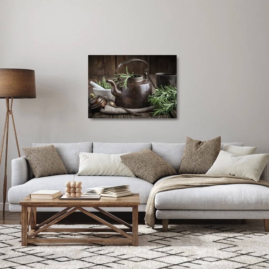 Obraz na szkle - Czajniczek z rozmarynem (70x50 cm)