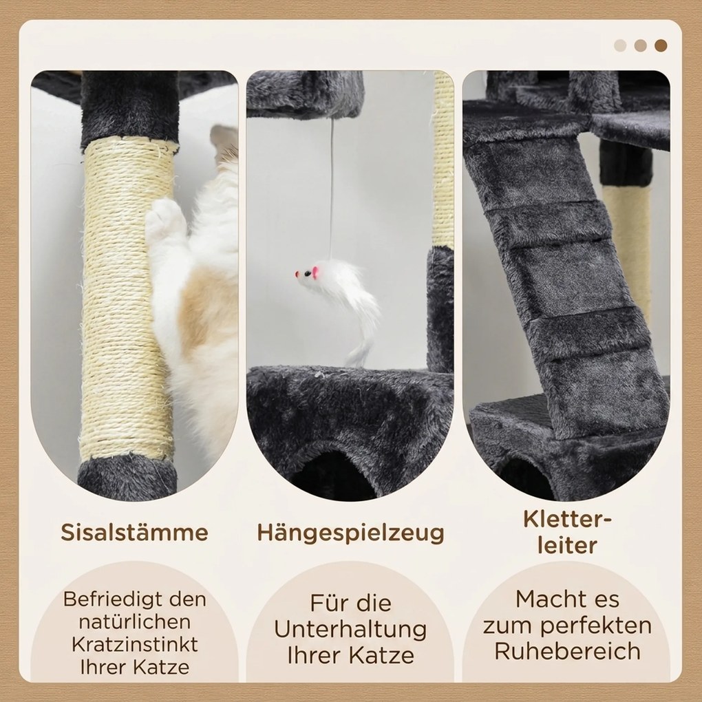 PawHut Drapak 173 cm wieża dla kota z kryjówką, słupy z sisalem, duża platforma, wielopoziomowy, ciemnoszary | Aosom PL