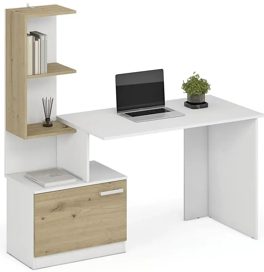 Biurko z szafką i biały półkami + dąb artisan T9-R81