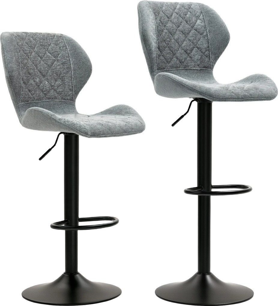 HOMCOM Hokery Barowe w Zestawie 2 szt., Regulowane Krzesła Kuchenne z Oparciem, Mechanizm Gazowy, Podnóżek, Obracane, Szary