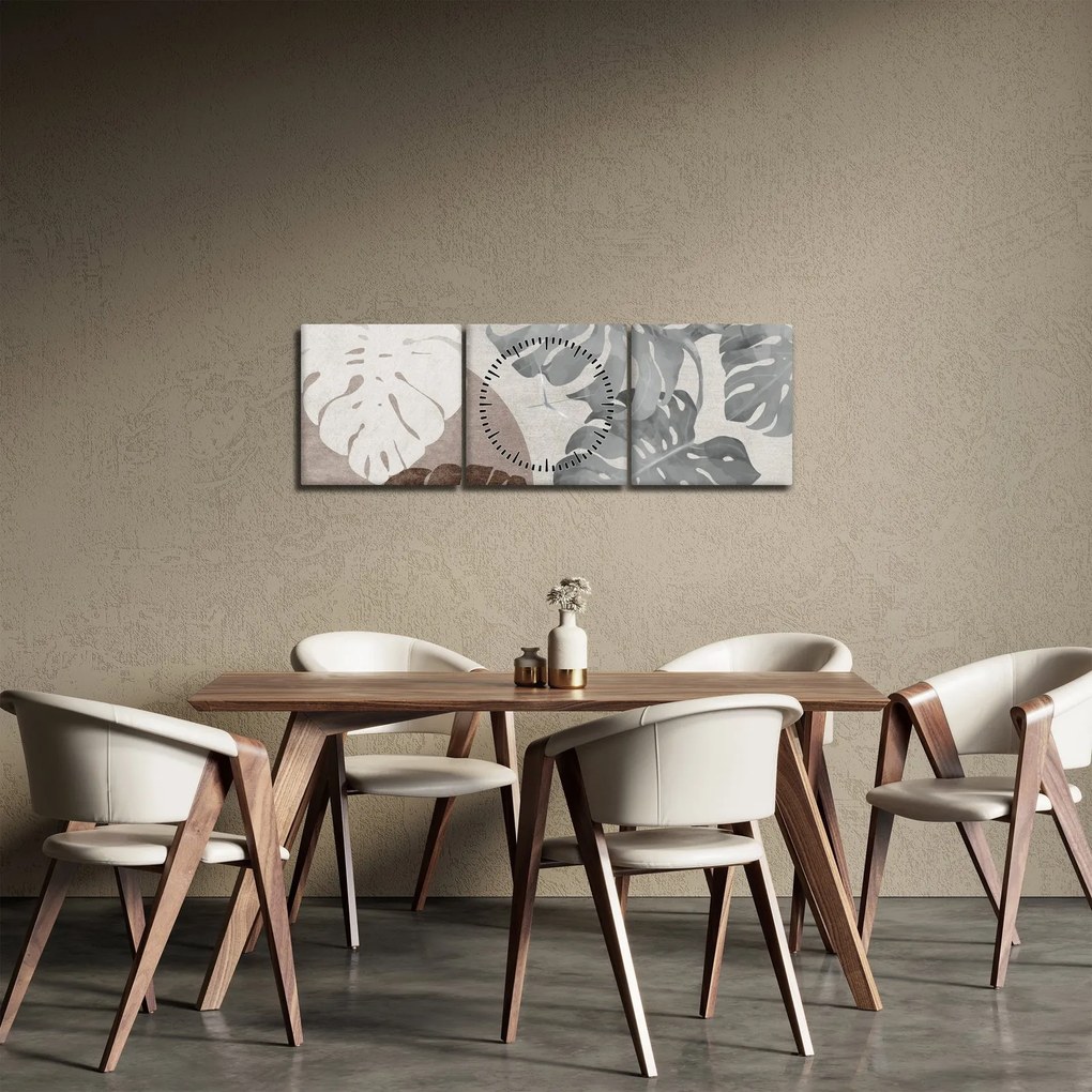 Obraz - Wzór z liśćmi (z zegarem) (90x30 cm)