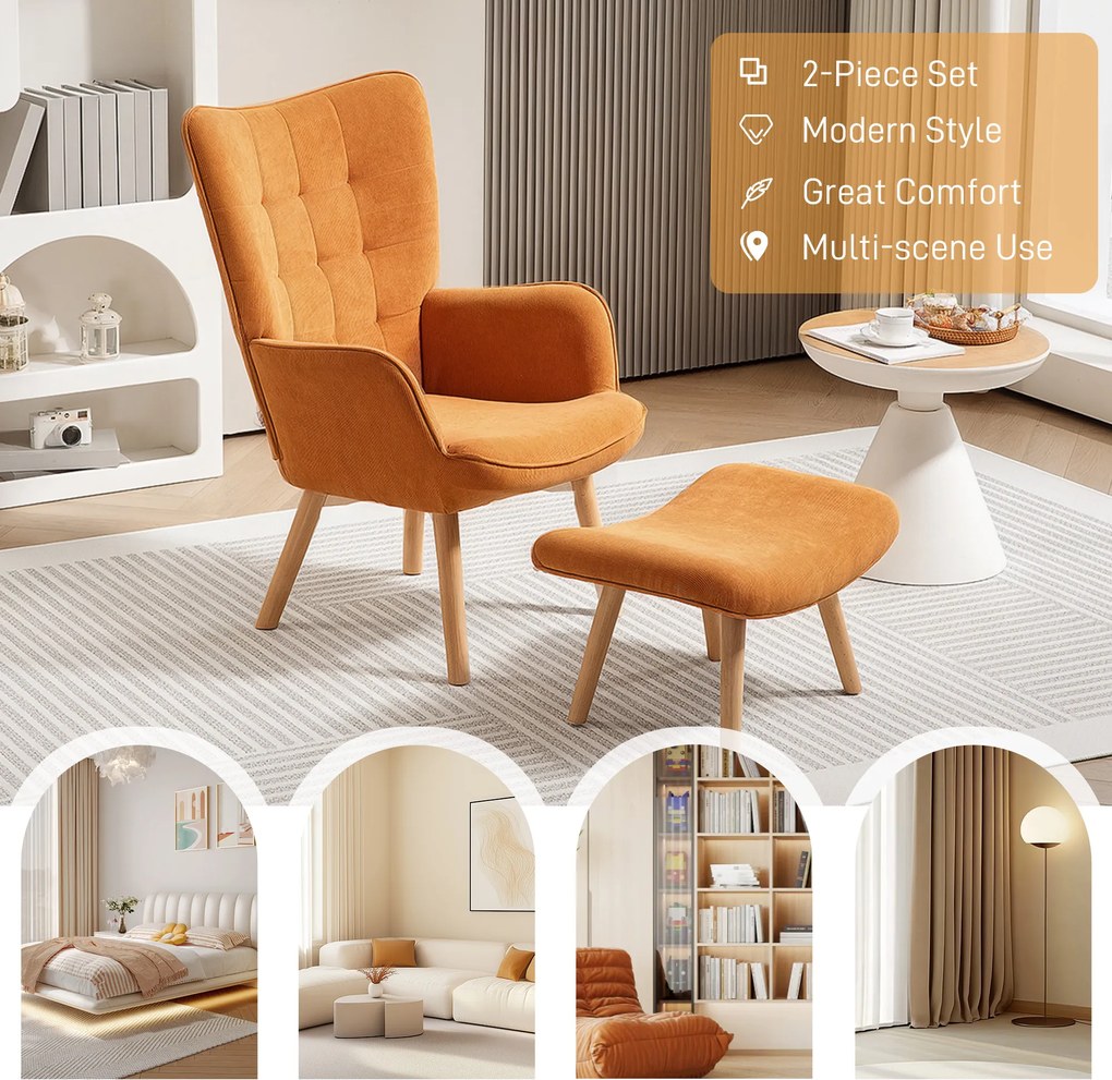 HOMCOM Akcentowy Fotel z Otomaną, Relaxsessel w Wyglądzie Sztruksu, Fotel z Podłokietnikami na Drewnianych Nogach, do Salonu, Brązowy