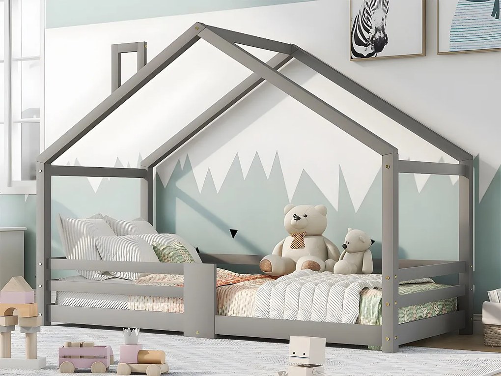 Łóżko z osłoną ochronną - 90x200cm - z litego drewna - Szare