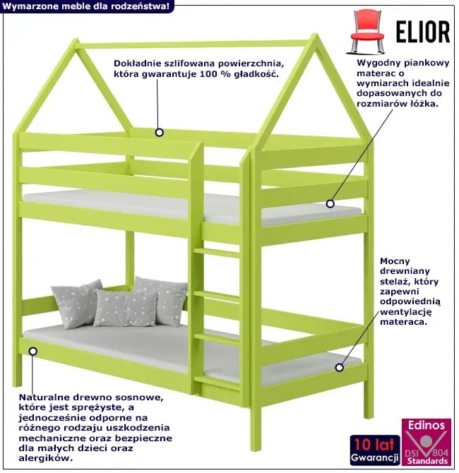 Zielone łóżko piętrowe domek w stylu skandynawskim - Delisa 3X 190x90 cm