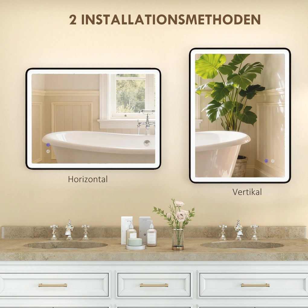 HOMCOM LED Lustro łazienkowe z funkcją przeciwmgielną, lustro do makijażu z oświetleniem, 80 x 60 cm, czarna rama | Aosom PL