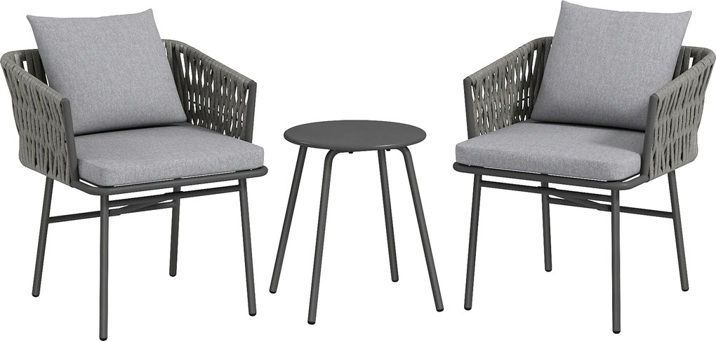 Outsunny 3-częściowy Zestaw Mebli Ogrodowych, 2 Krzesła, 1 Stół, Zestaw Bistro, Sztuczny Rattan, Rama Stalowa, Stół Metalowy, 4 Poduszki, Szary