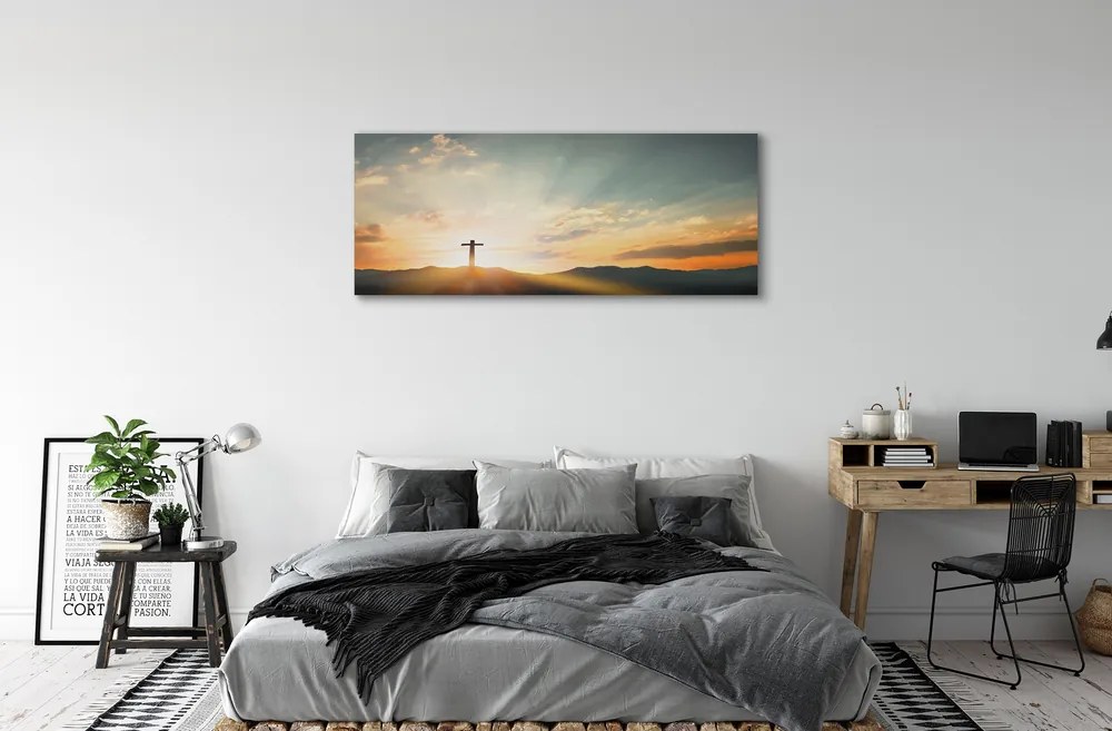 Duży obraz na płótnie Krzyż w Górach o Zachodzie Słońca