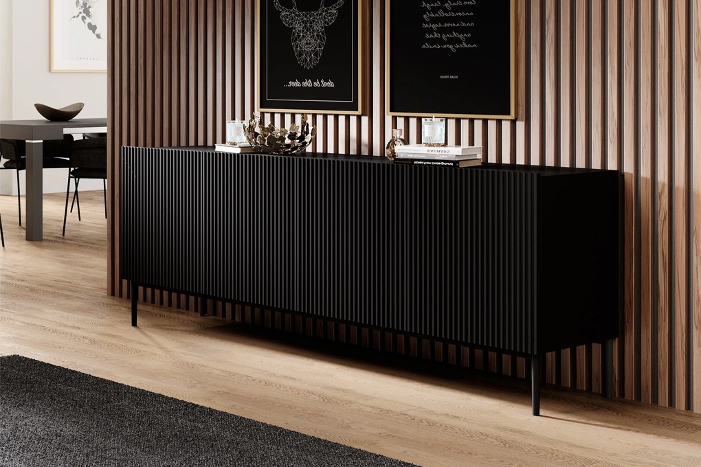 Komoda Nicole 200 cm z metalowymi nogami- czarny mat / czarne nóżki
