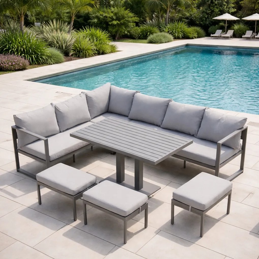 Narożnik ogrodowy Bellagio NM21-GR z pufami i stołem, szary, poduszki szare