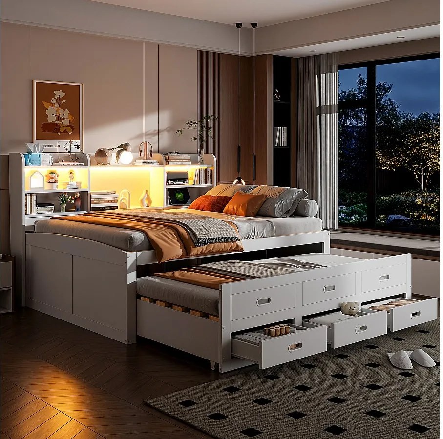 Rozkładana sofa - 140 x 200 cm + 90 x 190 cm - z diodami LED + 3 szuflady + stolik nocny + USB + Typ C - płyta wiórowa + MDF - biała