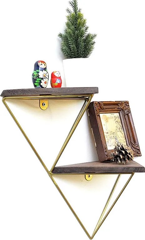 Drewniana półka ścienna – 30 cm x 33 cm x 13 cm – orzech i złoto – lite drewno