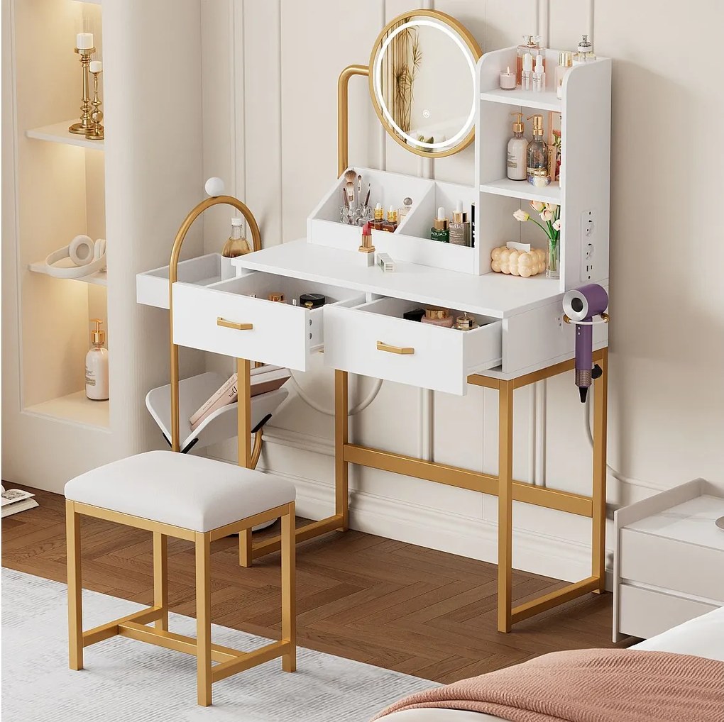 Nowoczesna toaletka - 80 x 40 x 138,5 cm - z lustrem obrotowym + oświetlenie LED + stołek + 2 szuflady + 2 otwarte półki - MDF - biała