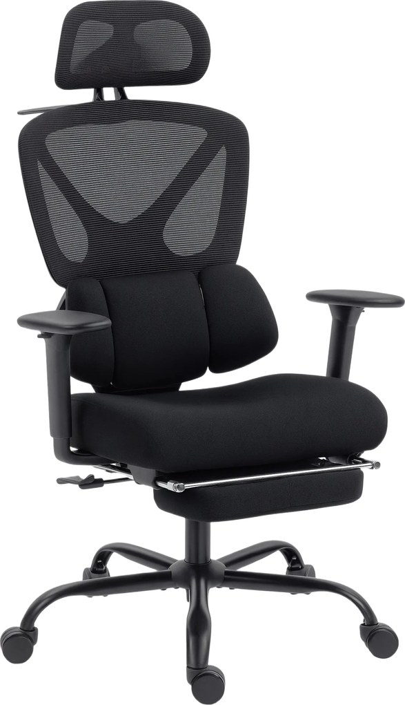 HOMCOM Ergonomiczne krzesło biurowe na kółkach, tkanina siatkowa, podparcie lędźwiowe, fotel komputerowy z podłokietnikami, regulowany zagłówek