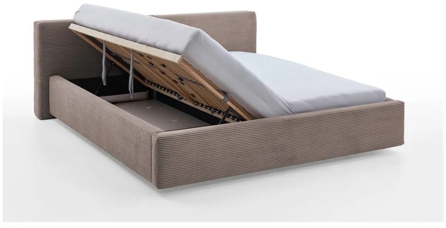 Jasnobrązowe tapicerowane łóżko dwuosobowe ze schowkiem ze stelażem 160x200 cm Cube – Meise Möbel
