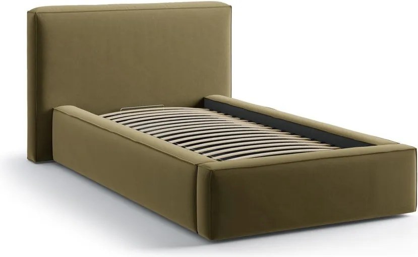 Zielone tapicerowane łóżko jednoosobowe ze schowkiem i stelażem 90x200 cm Jodie – Micadoni