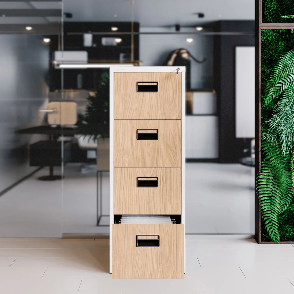 Metalowa szafa kartotekowa SARA V4, 460 x 1320 x 620 mm, Eco Design: biała/ dąb sonoma