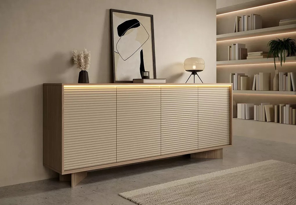 Komoda Parsja 4D 200 cm LED – duża komoda do salonu, ryflowane fronty, bolivar naturalny / cappuccino, push-to-open