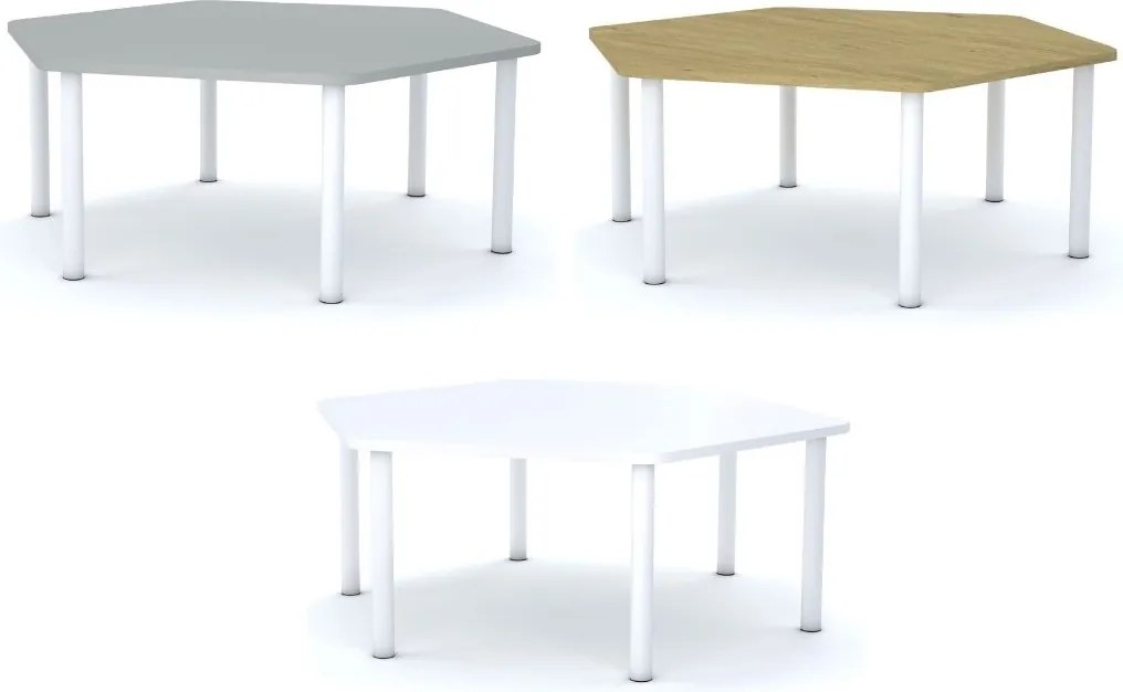 Stół szkolny Smart sześciokątny 140x120 cm, rozmiar 4-6, blat szary / nogi białe