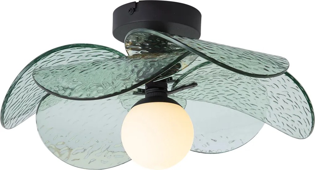 Designerska lampa sufitowa czarna z zielonym żebrowanym szkłem - Kemner