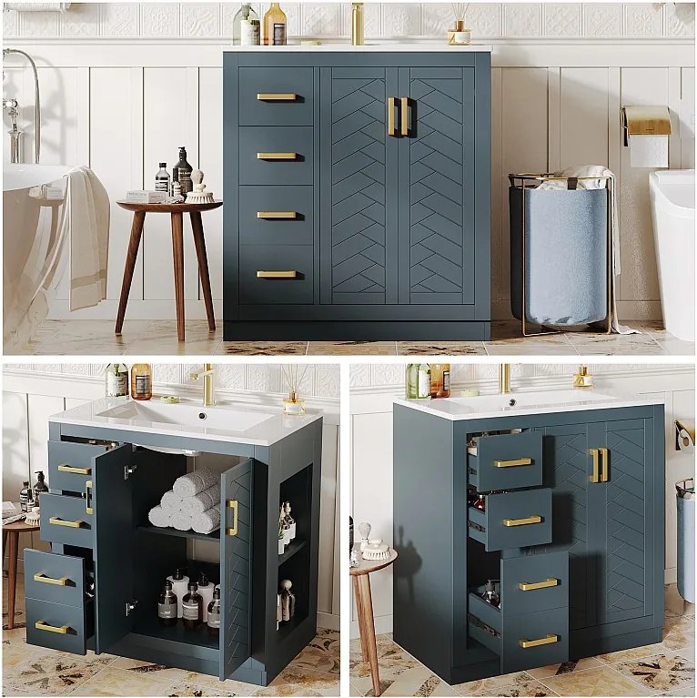 Szafka łazienkowa ceramiczna pod umywalkę - 76,5 x 46,5 x 84,5 cm - z 3 szufladami + półką boczną + 2 drzwiami - MDF - niebieska