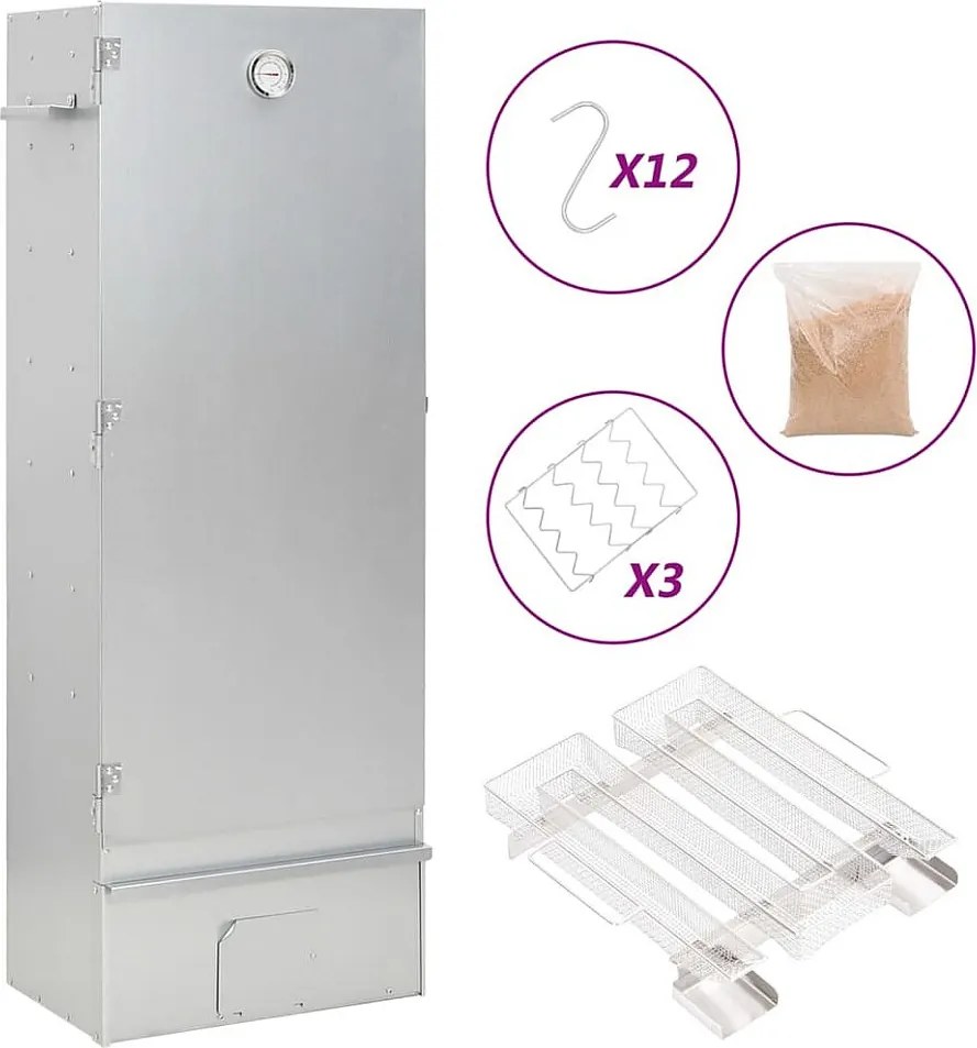 Wędzarnia piekarnikowa BBQ ze stali ocynkowanej z generatorem zimnego dymu, termometrem, 12 hakami i 3 rusztami, 44,5x29x110 cm