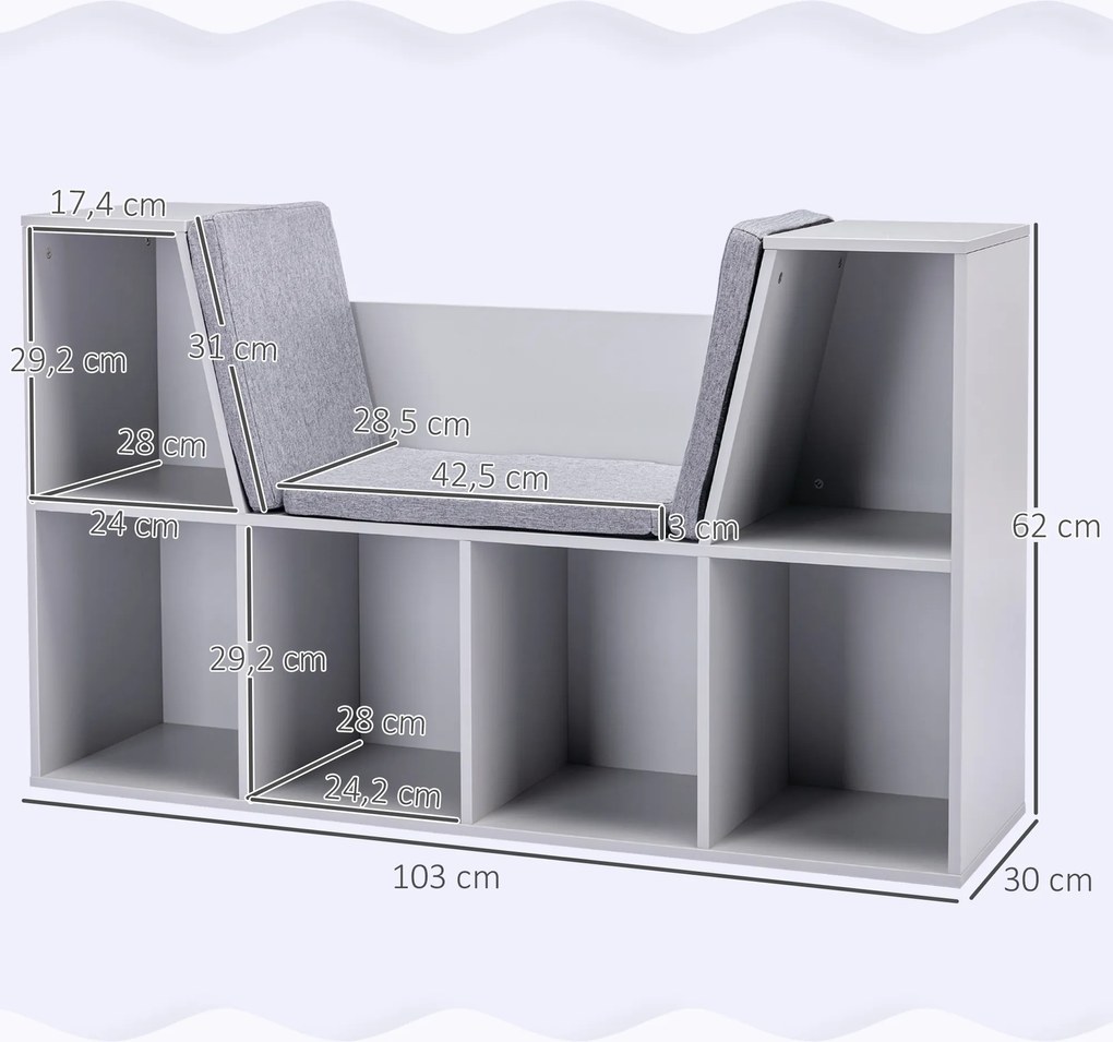 HOMCOM Regał dla dzieci 2-w-1 + Ławka z poduszkami, Szary, 103 cm x 30 cm x 62 cm
