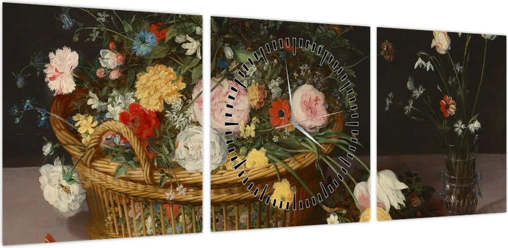 Obraz - Jan Brueghel the Elder, Flowers in a Basket and a Vase, reprodukcje (z zegarem) (90x30 cm)