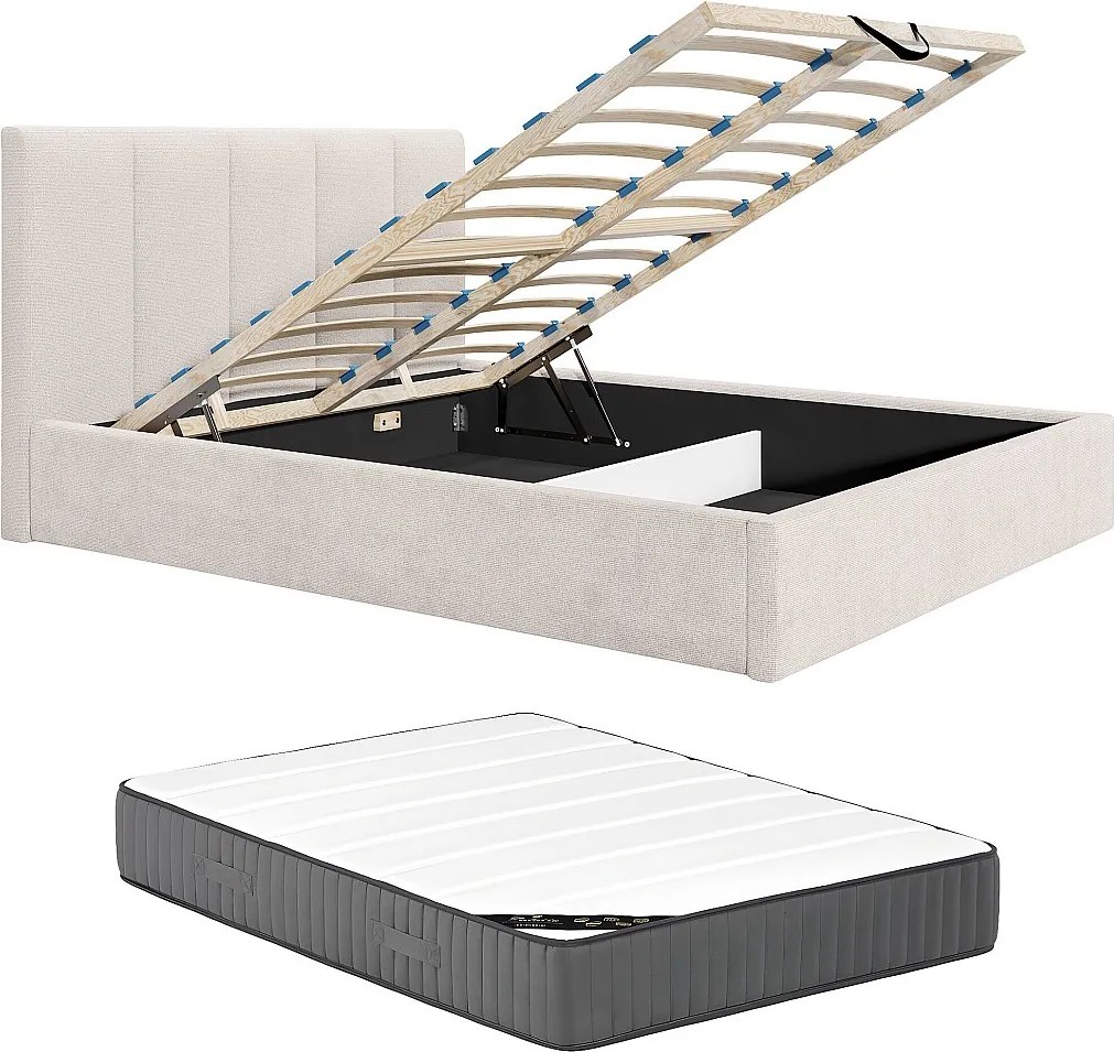 Łóżko ze skrzynią 180 x 200 cm z zagłówkiem z pionowymi szwami - Tkanina - Beżowy - Z materacem - KILACLO