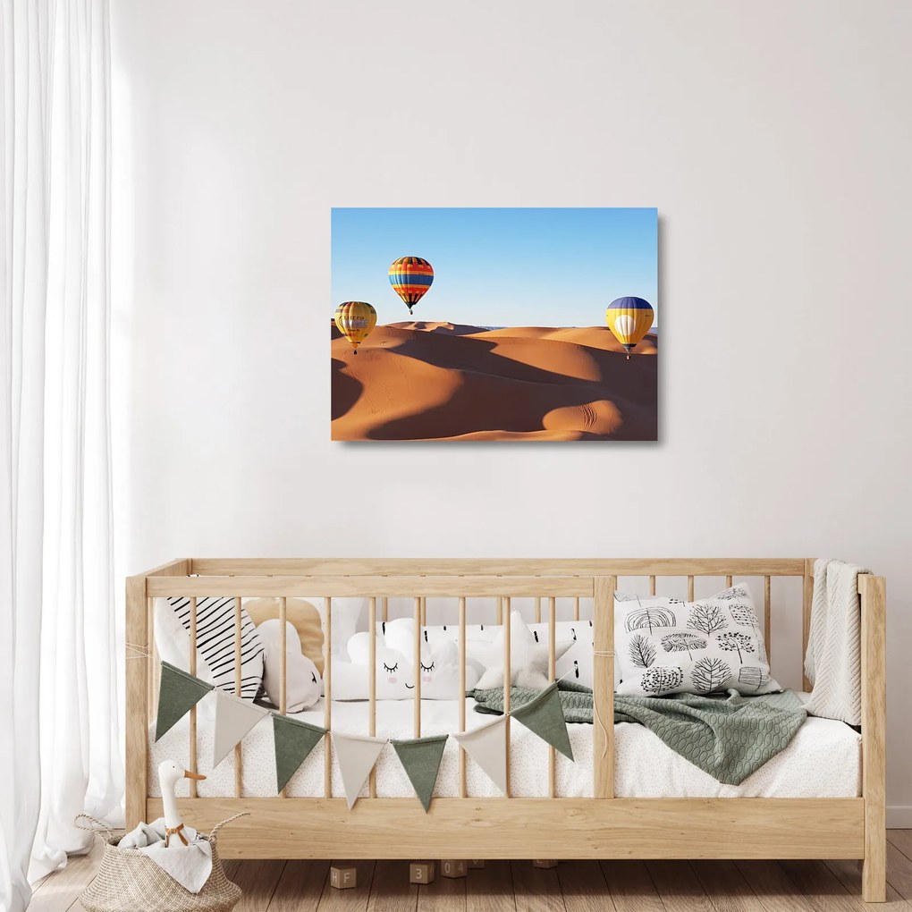 Obraz na szkle - latające balony na pustyni (70x50 cm)