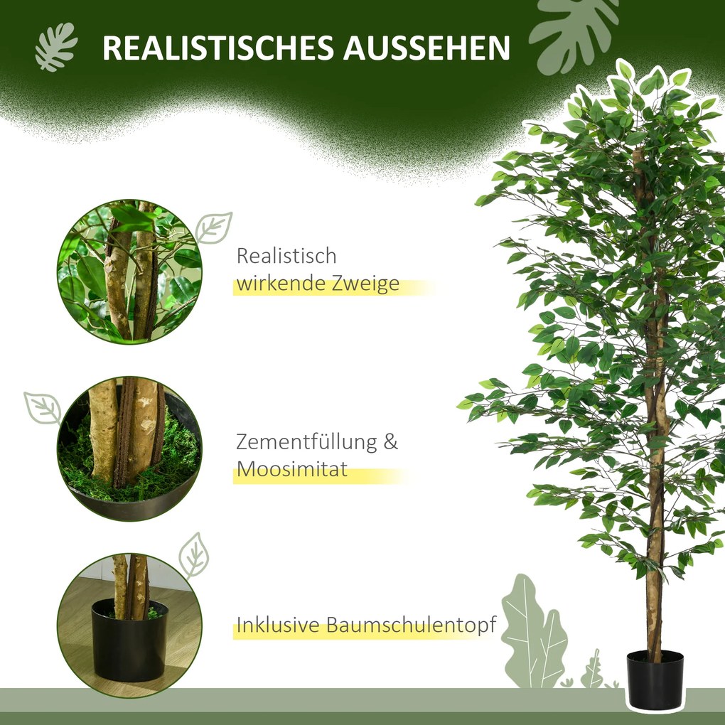 HOMCOM Sztuczny Ficus, realistyczny, łatwy w pielęgnacji, w komplecie z doniczką, wysokość 180 cm, Zielony