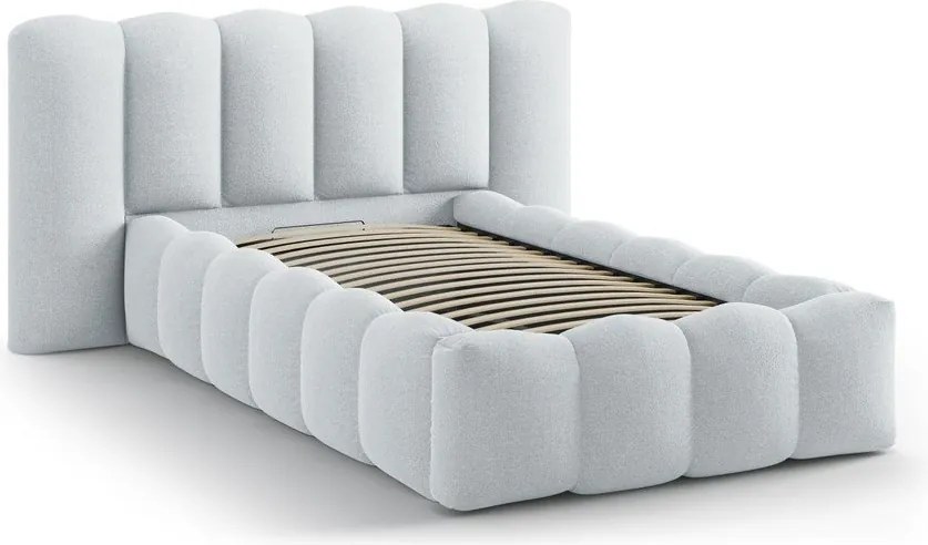 Jasnoszare tapicerowane łóżko jednoosobowe ze schowkiem i stelażem 90x200 cm Lupine – Micadoni