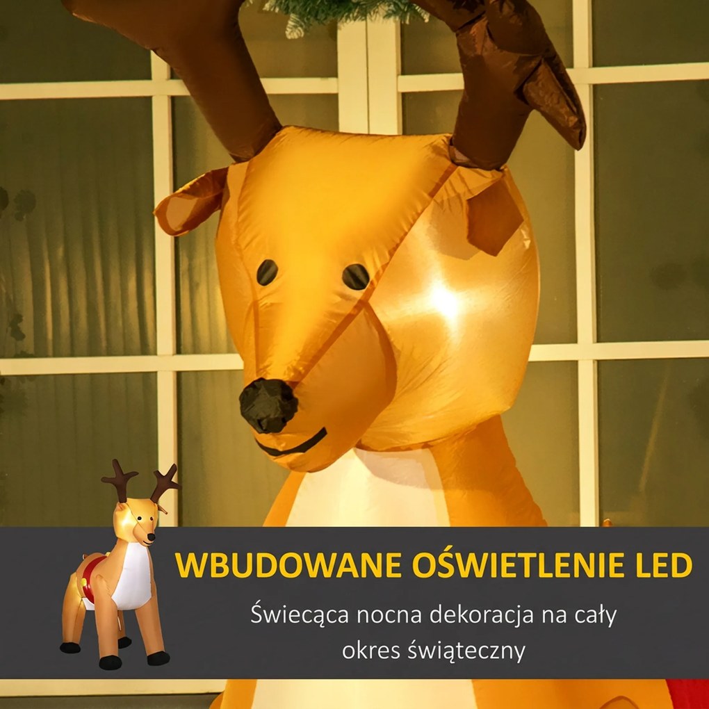 HOMCOM Nadmuchiwany renifer, 1,8 m, lampki LED, akcesoria, automatyczne nadmuchiwanie, żółty